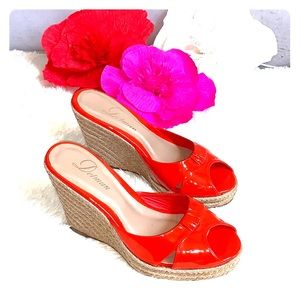 Patent Leather Orange Delman Espadrille Wedges